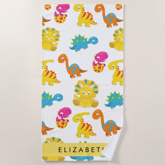 Cute Dinosaurs, Pattern Of Dinosaurs, Your Name Beach Towel (Front)