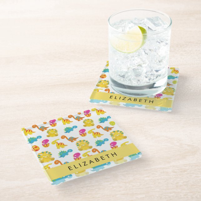 Cute Dinosaurs, Pattern Of Dinosaurs, Your Name Glass Coaster (Angled)