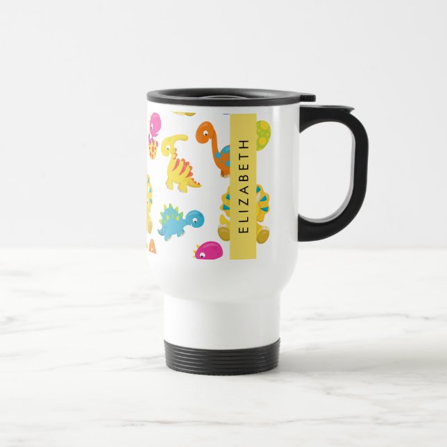 Cute Dinosaurs, Pattern Of Dinosaurs, Your Name Travel Mug (Right)