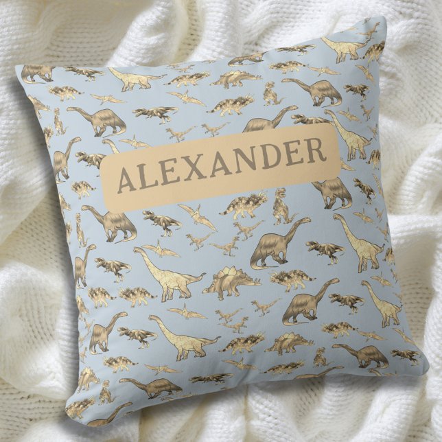 Cute Dinosaurs Personalised Blue Cushion (Cute dinosaur personalized name blue burp cloth fun Dino pattern bedroom and home decor for boys)