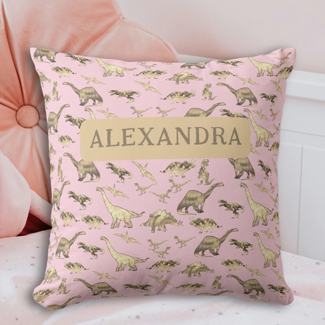 Cute Dinosaurs Personalised Girls Pink Cushion (Girls dinosaur personalized name pink pillow custom dino bedroom home decor)