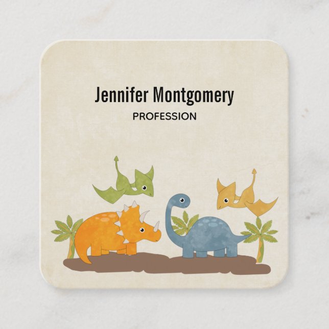 Cute Dinosaurs Prehistoric Wildlife Square Business Card (Front)