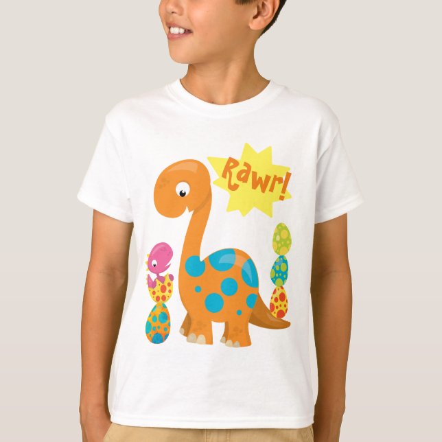Cute Dinosaurs Rawr! Fun balancing coloured eggs T-Shirt (Front)
