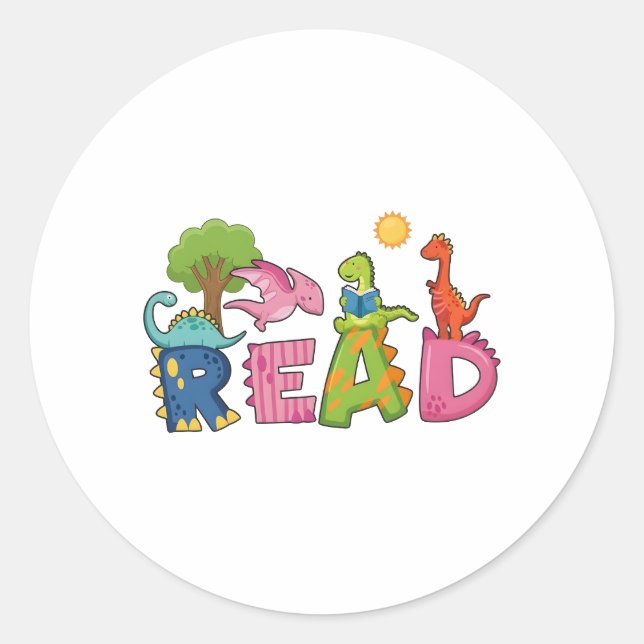 Cute Dinosaurs Read Book Elementary Teacher Classic Round Sticker (Front)