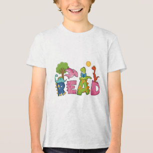 Cute Dinosaurs Read Book Elementary Teacher Tri-Blend Shirt