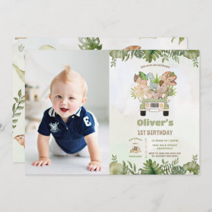 Cute Dinosaurs Safari Car 1st 2nd Birthday Photo Invitation