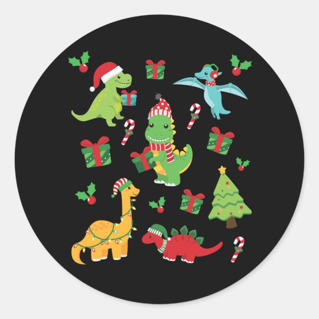 Cute Dinosaurs T-Rex Christmas Matching Family Classic Round Sticker (Front)