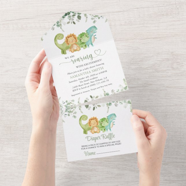 Cute Dinosaurs, T-Rex, Jurassic, Baby Shower All In One Invitation (Tearaway)
