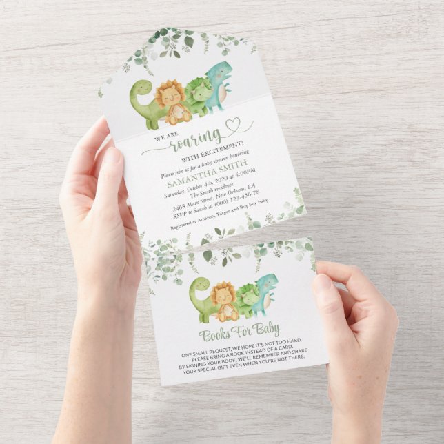 Cute Dinosaurs, T-Rex, Jurassic, Baby Shower All In One Invitation (Tearaway)