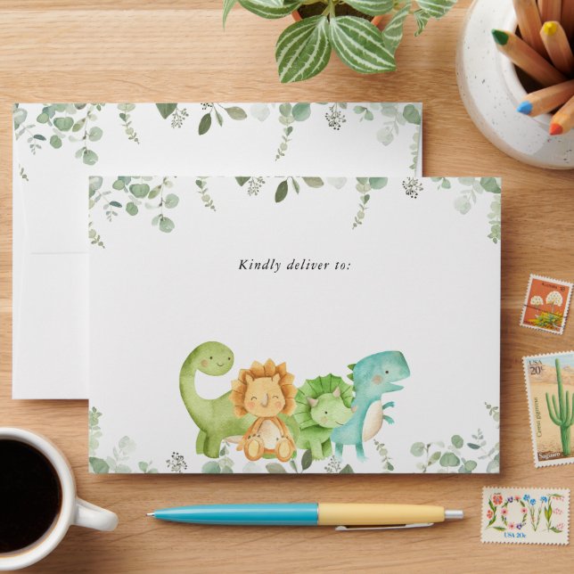 Cute Dinosaurs, T-Rex, Jurassic, Baby Shower Envelope (Desk)