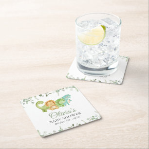 Cute Dinosaurs, T-Rex, Jurassic, Baby Shower Square Paper Coaster