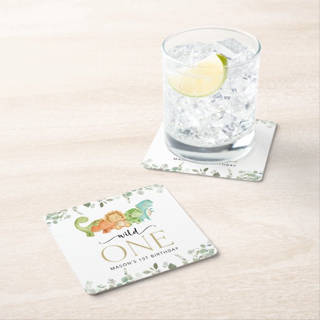 Cute Dinosaurs, T-Rex, Jurassic, First Birthday Square Paper Coaster (Insitu)