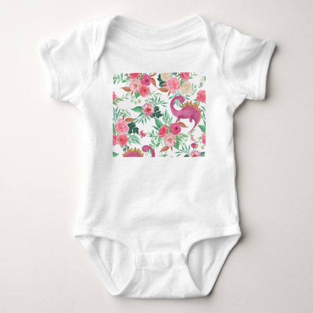 Cute Dinosaurs Vintage Floral Pattern Baby Bodysuit (Front)