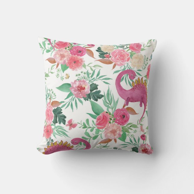 Cute Dinosaurs Vintage Floral Pattern Cushion (Front)