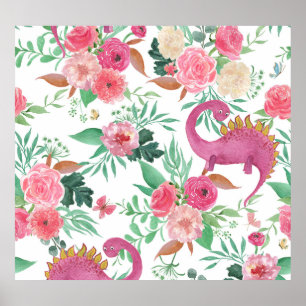 Cute Dinosaurs Vintage Floral Pattern Poster