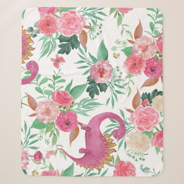 Cute Dinosaurs Vintage Floral Pattern Sherpa Blanket (Front)