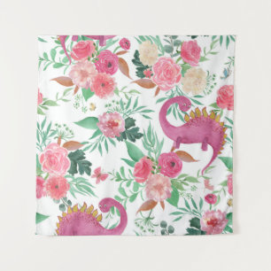 Cute Dinosaurs Vintage Floral Pattern Tapestry