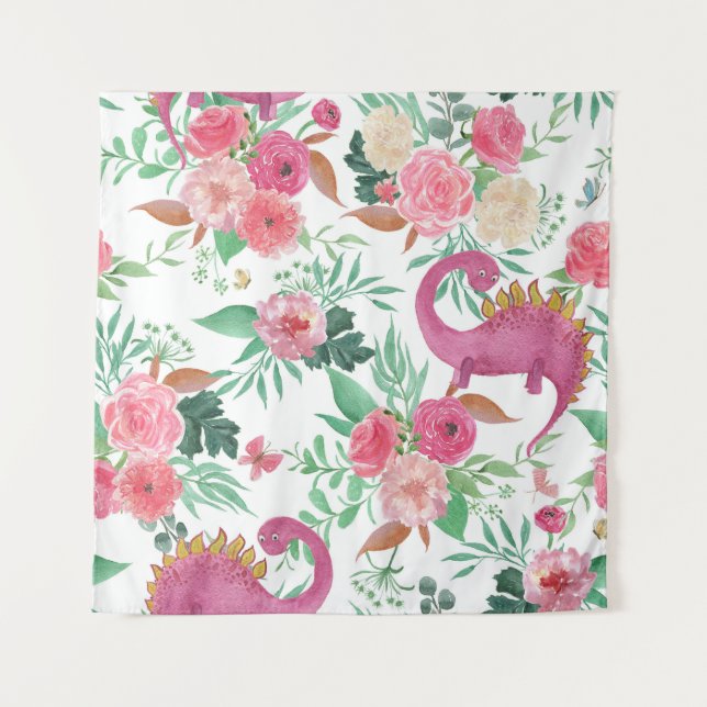 Cute Dinosaurs Vintage Floral Pattern Tapestry (Front)