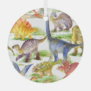 Cute Dinosaurs Watercolor Seamless Art Glass Tree Decoration