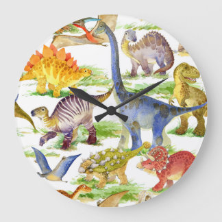 Cute Dinosaurs Watercolor Seamless Art Large Clock