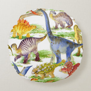 Cute Dinosaurs Watercolor Seamless Art Round Cushion