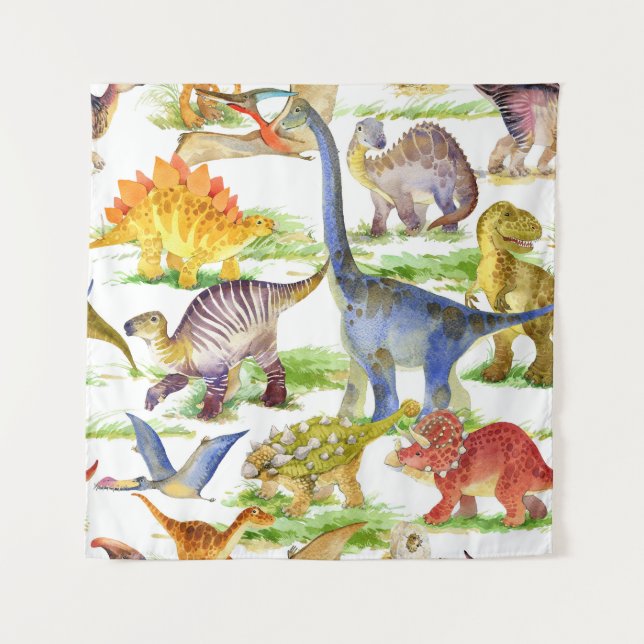 Cute Dinosaurs Watercolor Seamless Art Tapestry (Front)