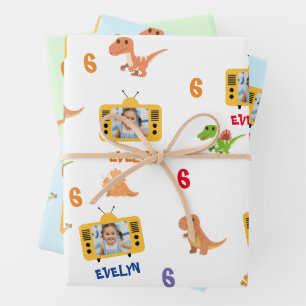 Cute Dinosaurs with Custom Photo, Name and Age Wrapping Paper Sheet