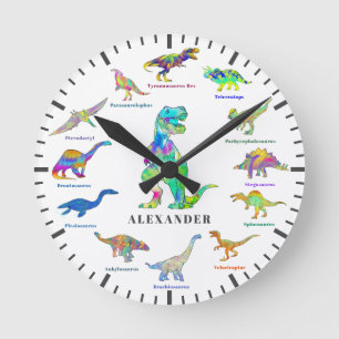 Cute Dinosaurs with names colourful Personalised Round Clock