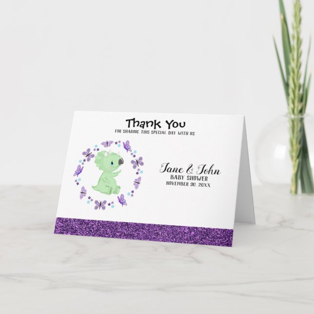 *~* Cute Dinosuar Butterfly Baby Shower Thank You Card (Front)