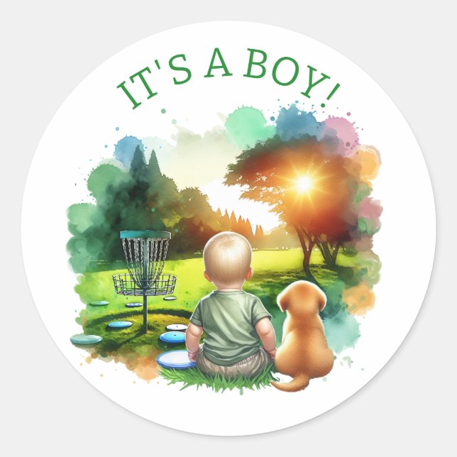 Cute Disc Golf Boy's Baby Shower | It's a Boy! Classic Round Sticker (Front)