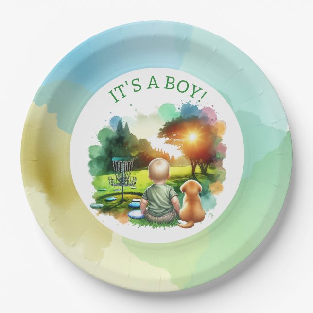 Cute Disc Golf Boy's Baby Shower | It's a Boy! Paper Plate (Front)