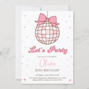 Cute Disco Ball   pink bow Birthday Party Invitation