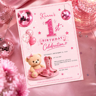 Cute Disco Pink Cowgirl First Birthday Invitation