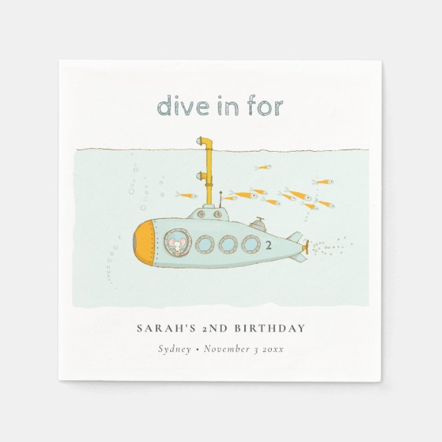 Cute Dive In Underwater Submarine Any Age Birthday Napkin (Front)
