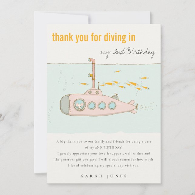 Cute Dive In Underwater Submarine Any Age Birthday Thank You Card (Front)