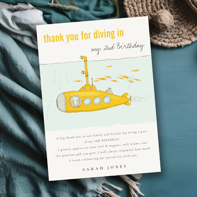 Cute Dive In Underwater Submarine Yellow Birthday Thank You Card (Creator Uploaded)