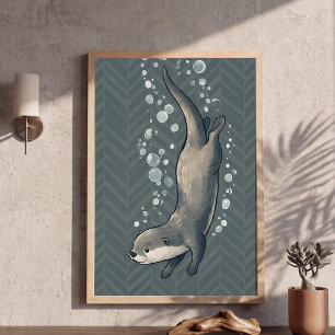 Cute Diving Otter Nursery Art Chevron Background Poster