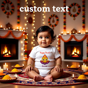 Cute Diya Lamp for Diwali with custom text Baby Bodysuit