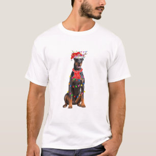 Cute Doberman Christmas Tree Lights Dog Lover  T-Shirt