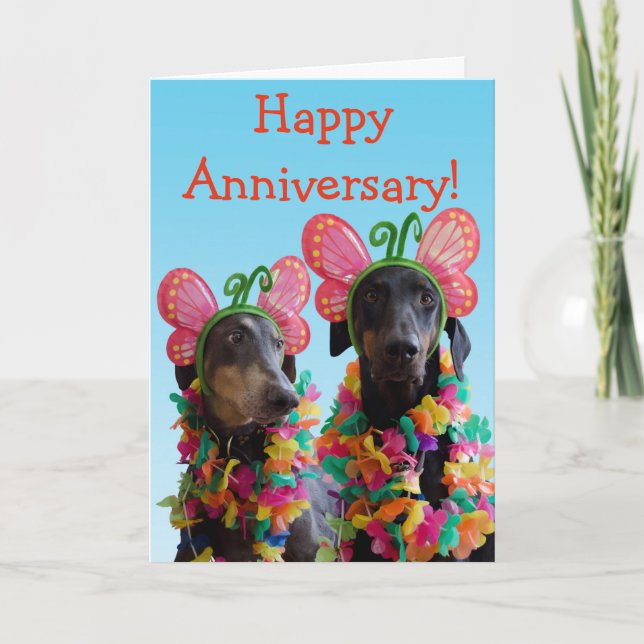Cute Doberman dog butterfly couple anniversary Card (Front)