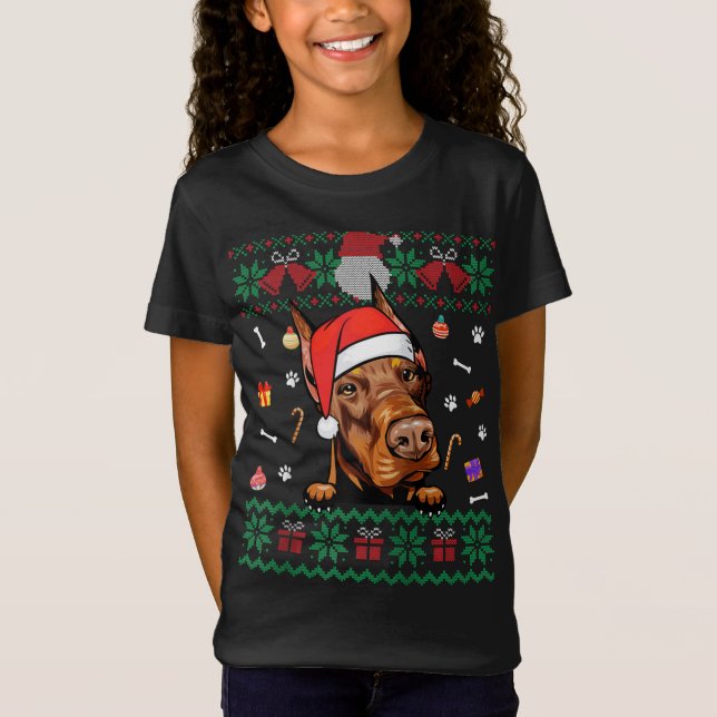 Cute Doberman Dog Ugly Christmas Sweater Santa Hat (Front)