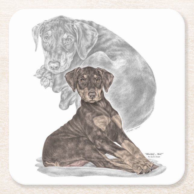 Cute Doberman Pinscher Puppy Square Paper Coaster (Front)