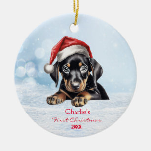Cute Doberman Puppy Dog Santa Hat Custom Ceramic Tree Decoration