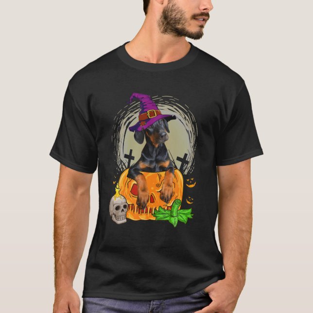 Cute Doberman Witch Pumpkin Halloween Dog Lover T-Shirt (Front)