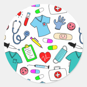 Cute Doctor Nurse Medical Supplies Pattern Classic Round Sticker