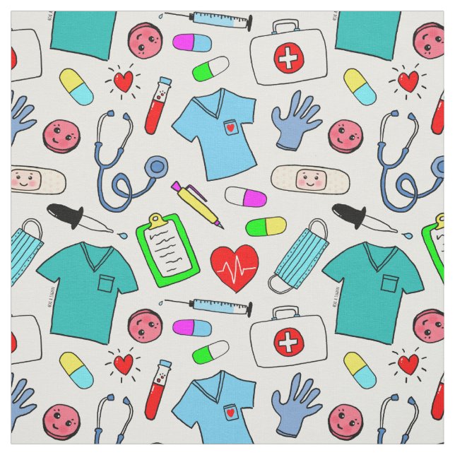 Cute Doctor Nurse Medical Supplies Pattern Fabric (Swatch)
