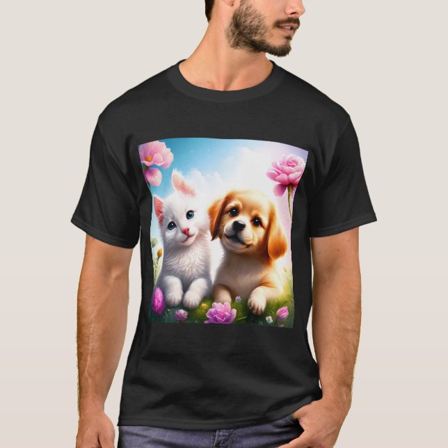 Cute Dog And Cat Are Good Friends  T-Shirt (Front)