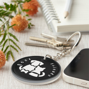 Cute Dog and Cat Best Friends Silhouette Metal Key Ring