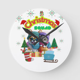 Cute dog and cat Christmas squad design  Round Clock