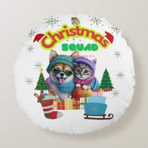 Cute dog and cat Christmas squad design Round Cushion